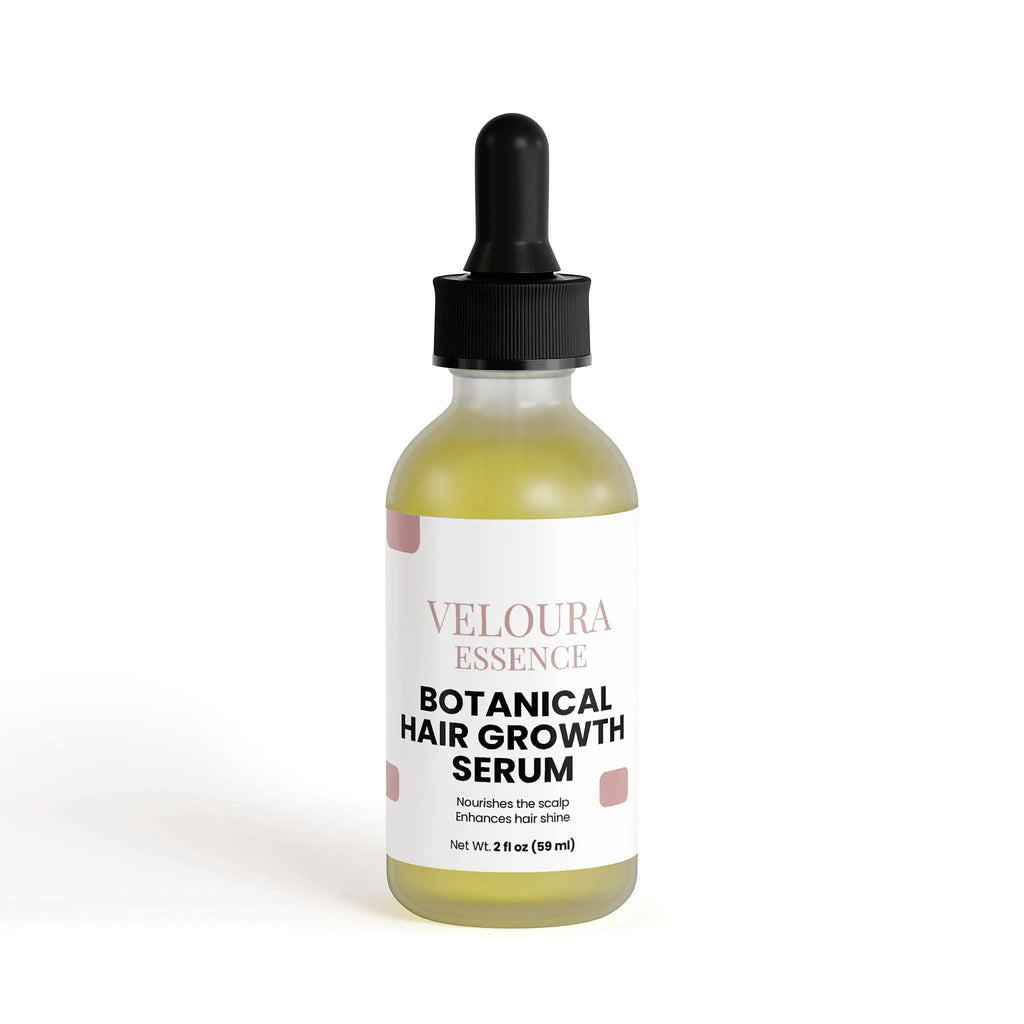 Botanical hair growth serum bottle with dropper on a white background