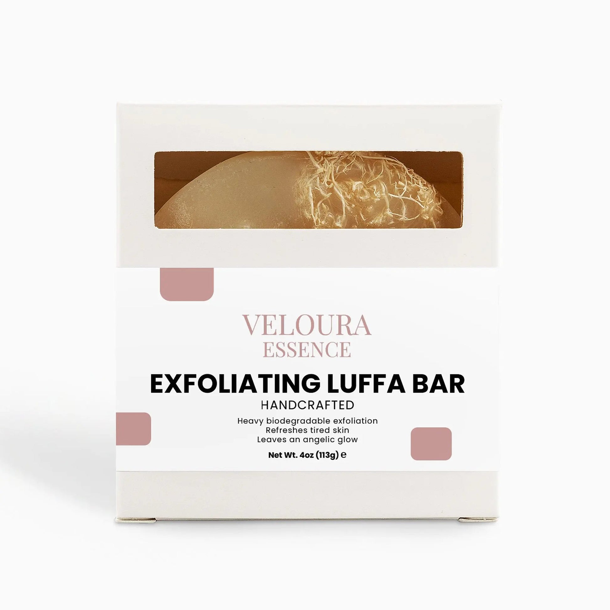 Veloura Essence exfoliating luffa bar packaging on a white background