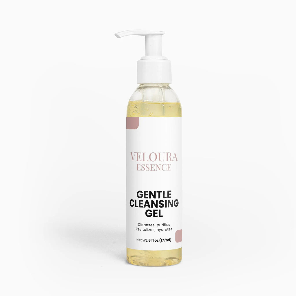 Bottle of Veloura Essence Gentle Cleansing Gel on a white background